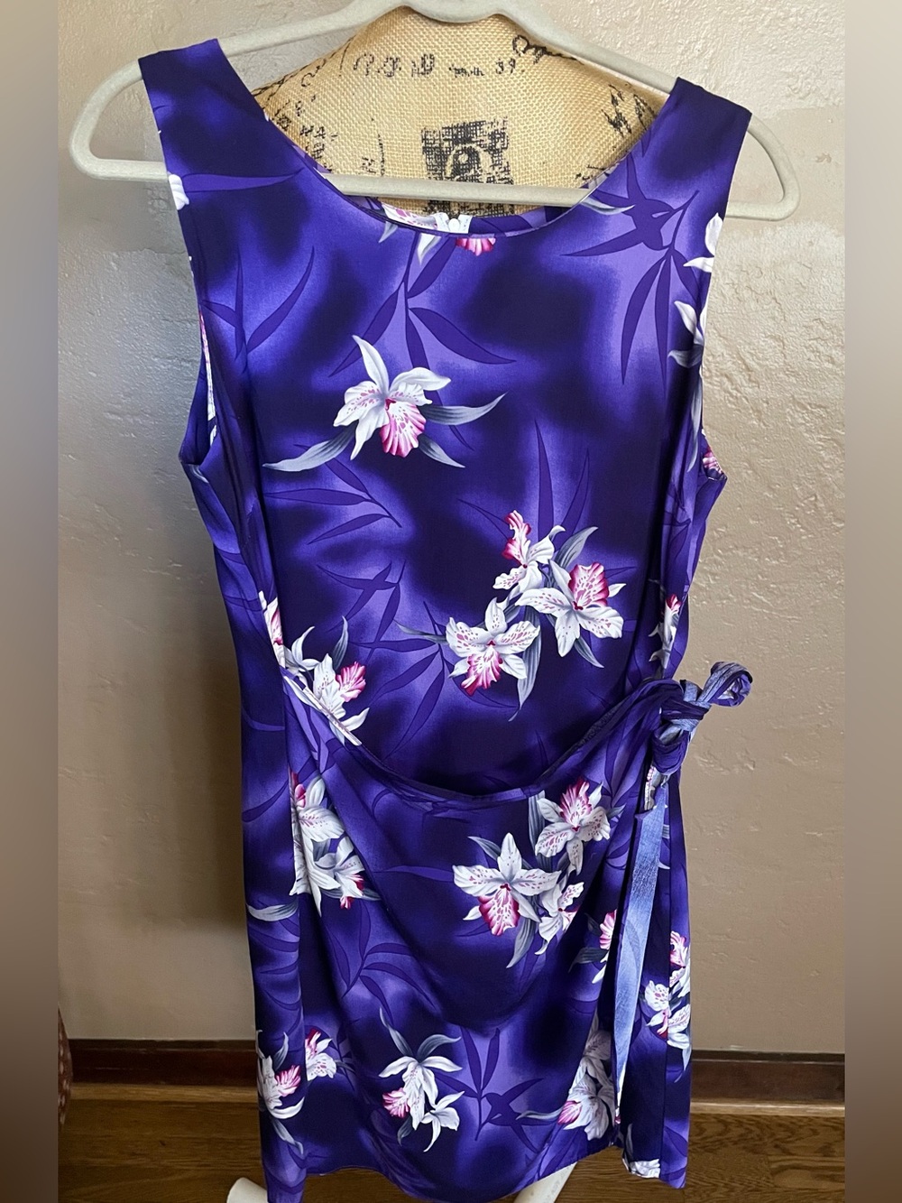 Hawaiian Sleeveless Purple Floral Tie-Waist Midi Dress Sz L